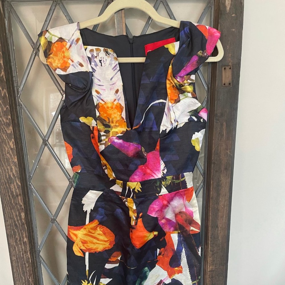 Christian Lacroix Black Midi Dress with Vibrant Floral Print